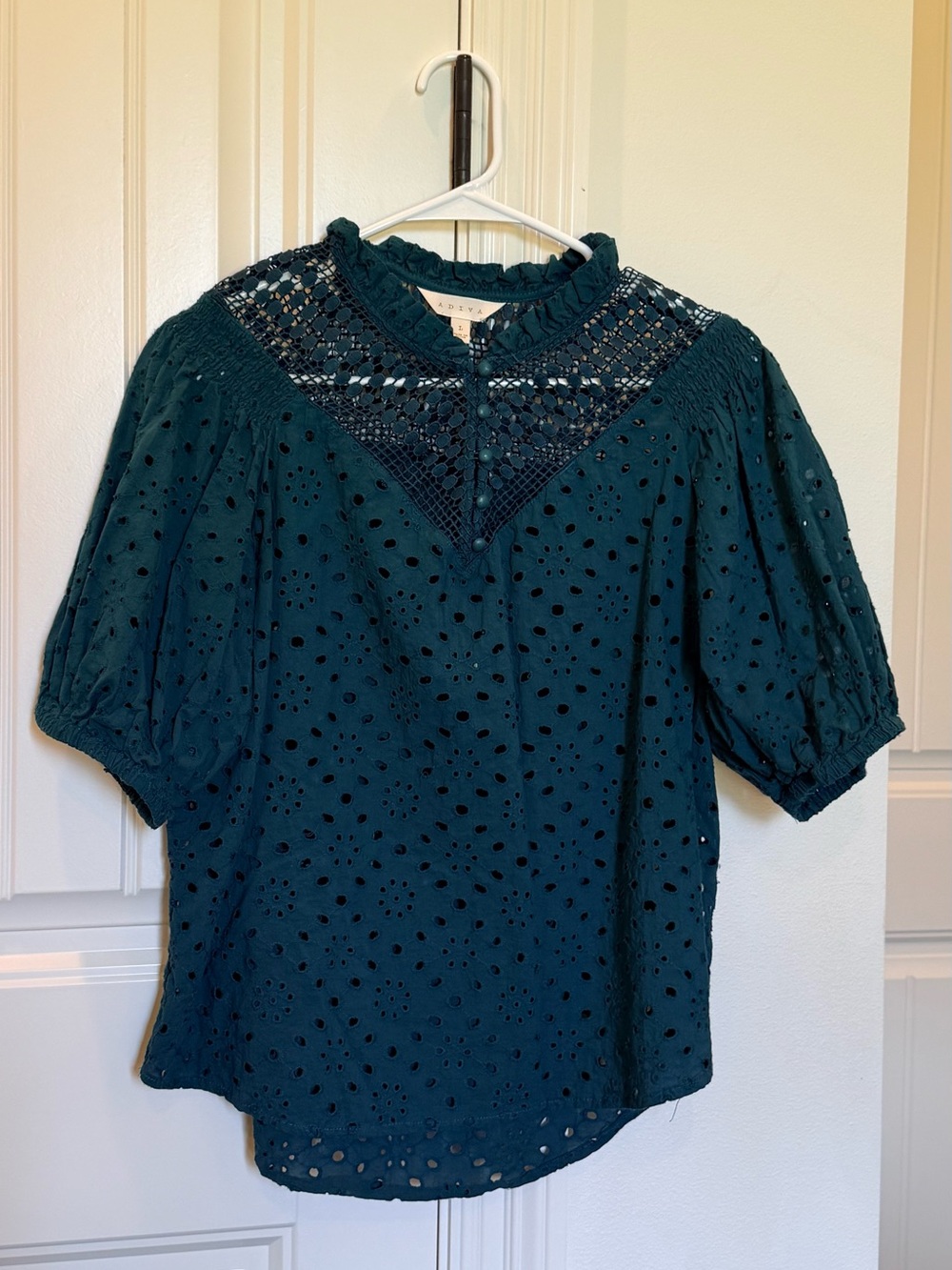 Adiva Teal Eyelet Lace Yoke Puff Sleeve Top